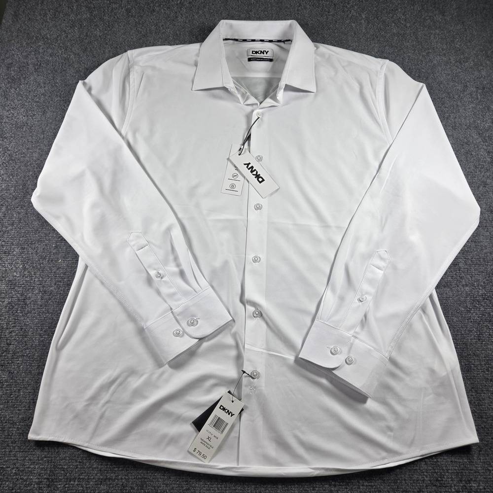 NEW DNKY Men Slim Fit Eight Way Stretch White Long Sleeve Dress Shirt XL 17/17.5